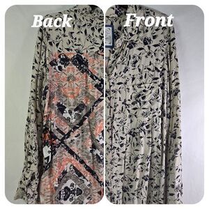 Style & Co 1x Beige wLeafy Navy Print and A Party In The Back! Button Up Blouse